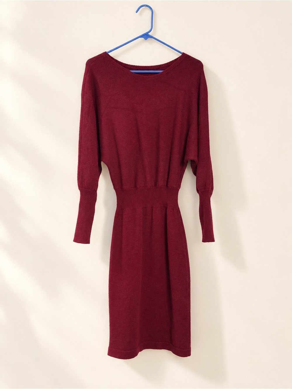 Women's Burgundy Knit Midi Dress with Waist Smocking - Picture 2 of 3